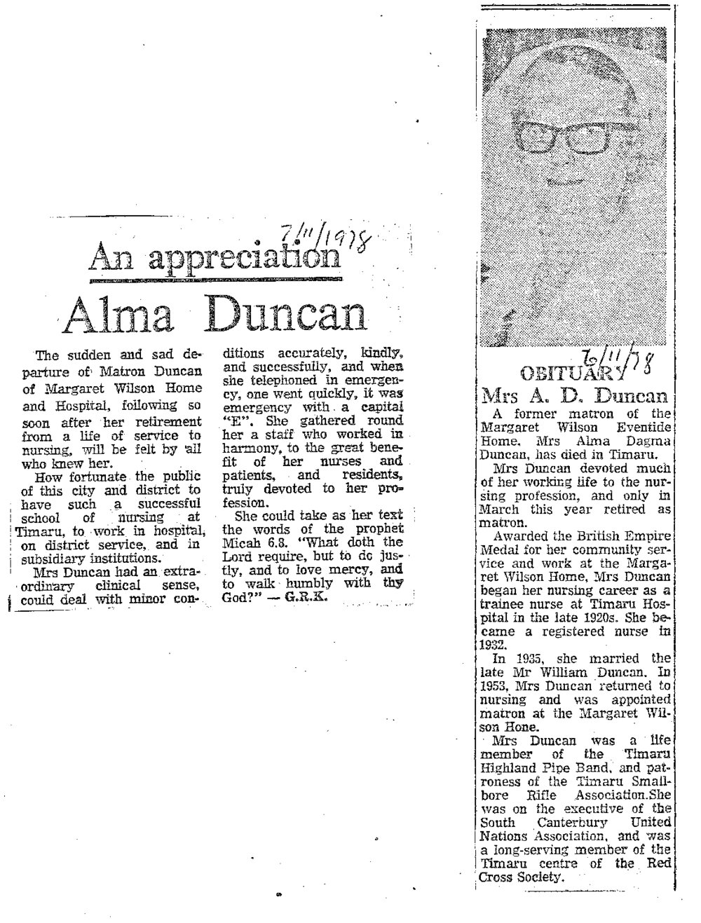 Obituary: Alma Duncan, An appreciation