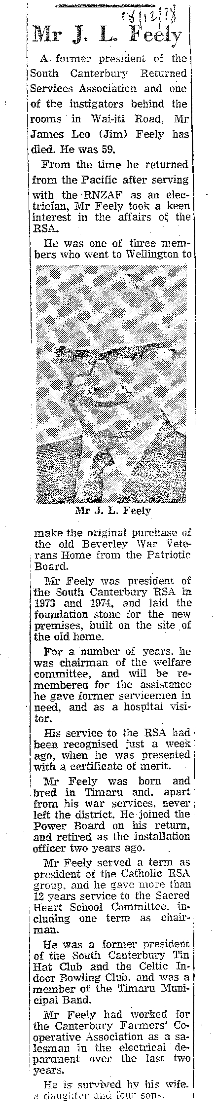 Obituary: Mr J L Feeley