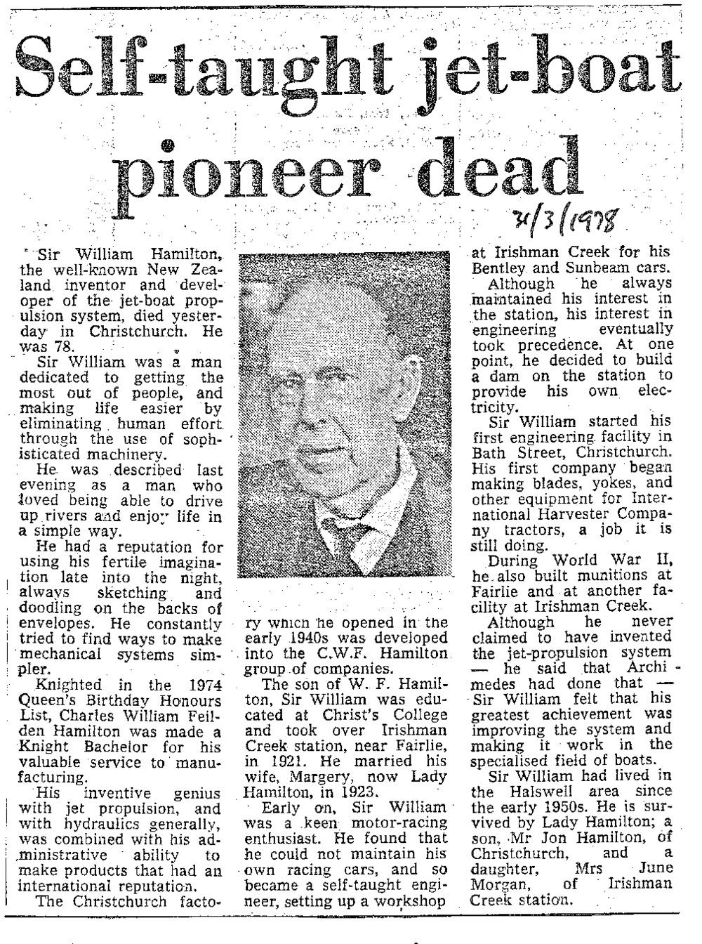 Obituary: Sir William Hamilton, Self-taught jet-boat pioneer dead