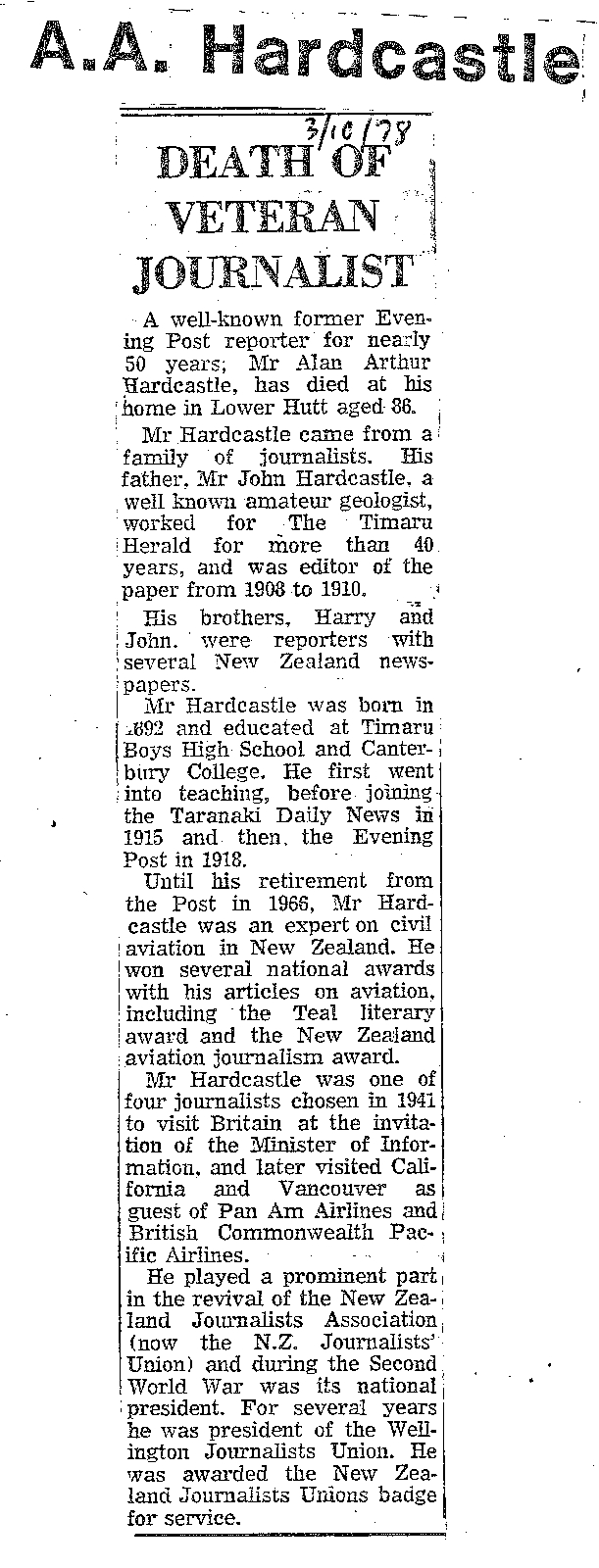 Obituary: A A Hardcastle, Death of veteran journalist