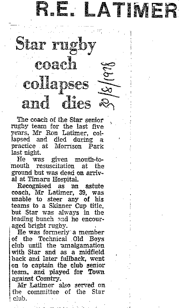 Obituary: R E Latimer, Star rugby coach collapses and dies