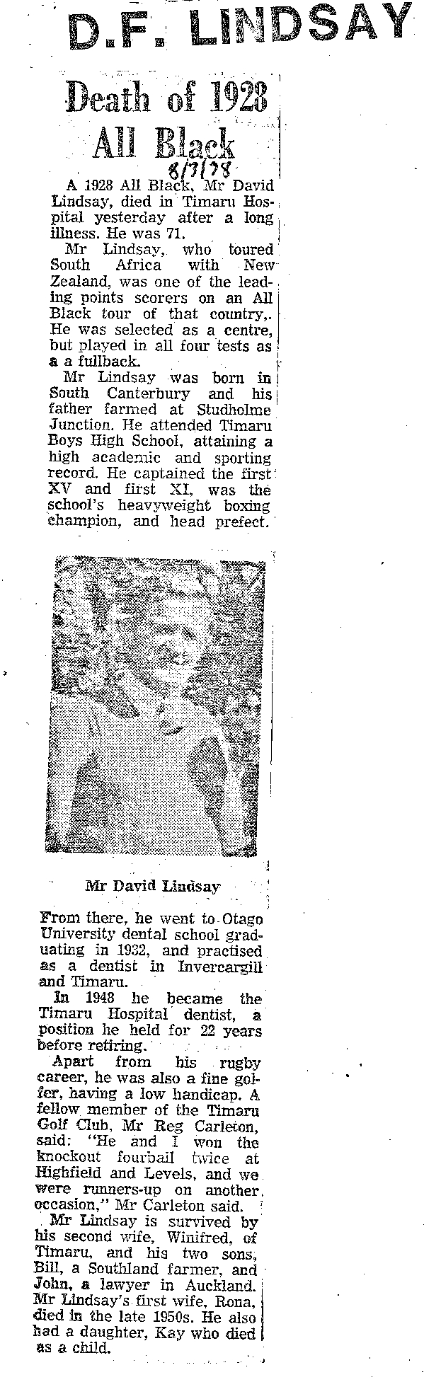 Obituary: D F Lindsay, Death of 1928 All Black