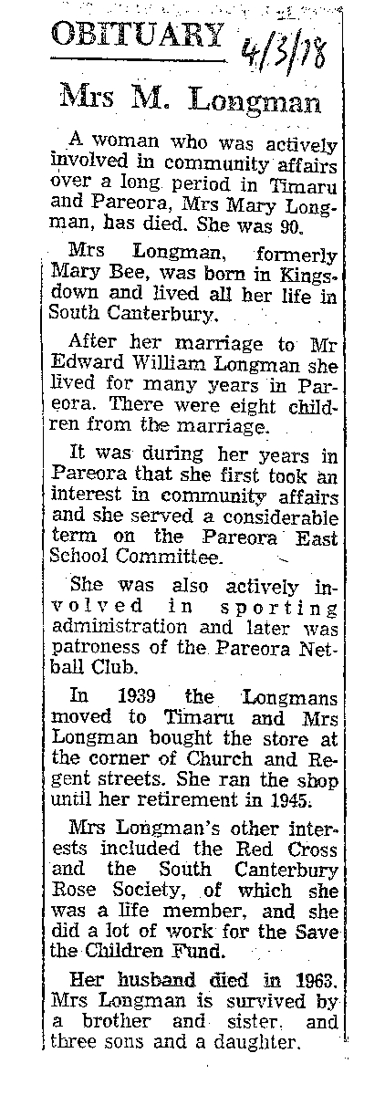 Obituary: Mrs M Longman