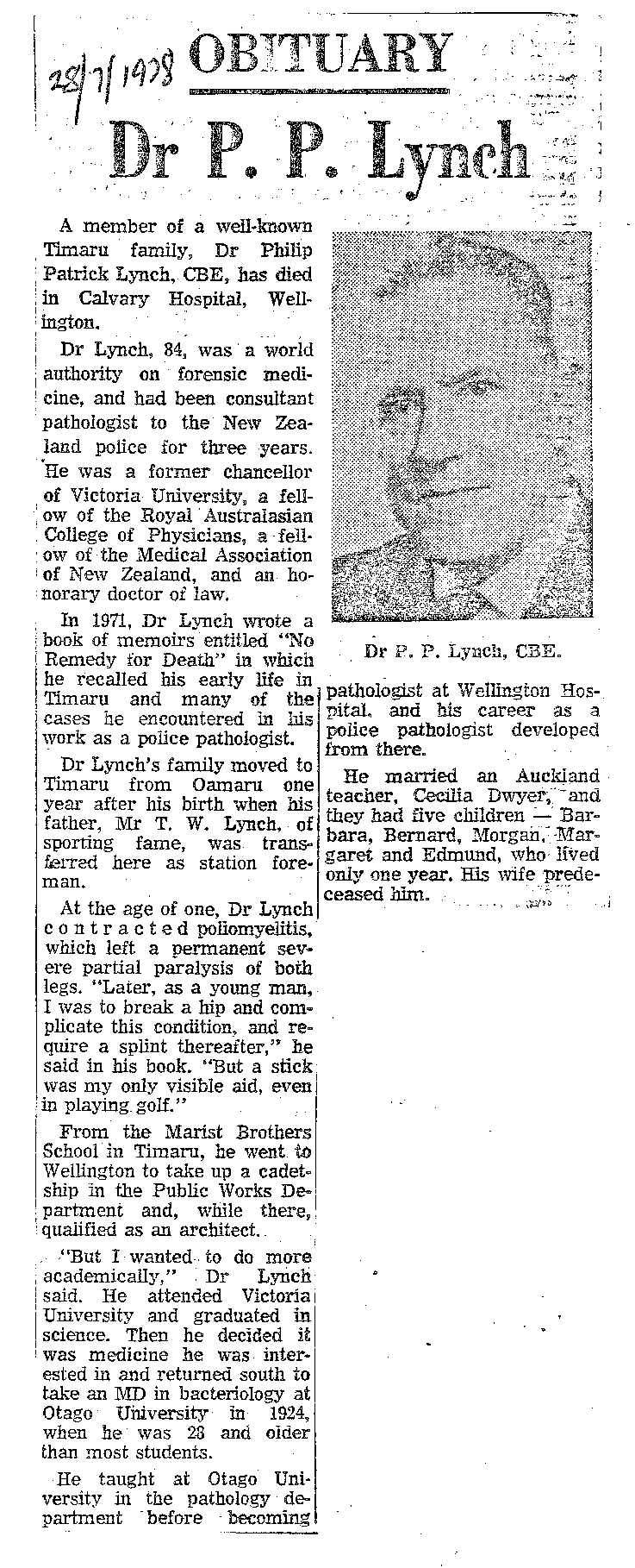 Obituary: Dr P P Lynch