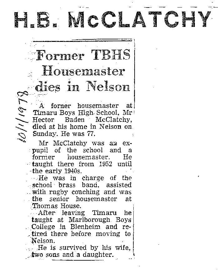 Obituary: H B McClatchy, Former TBHS Housemaster dies in Nelson