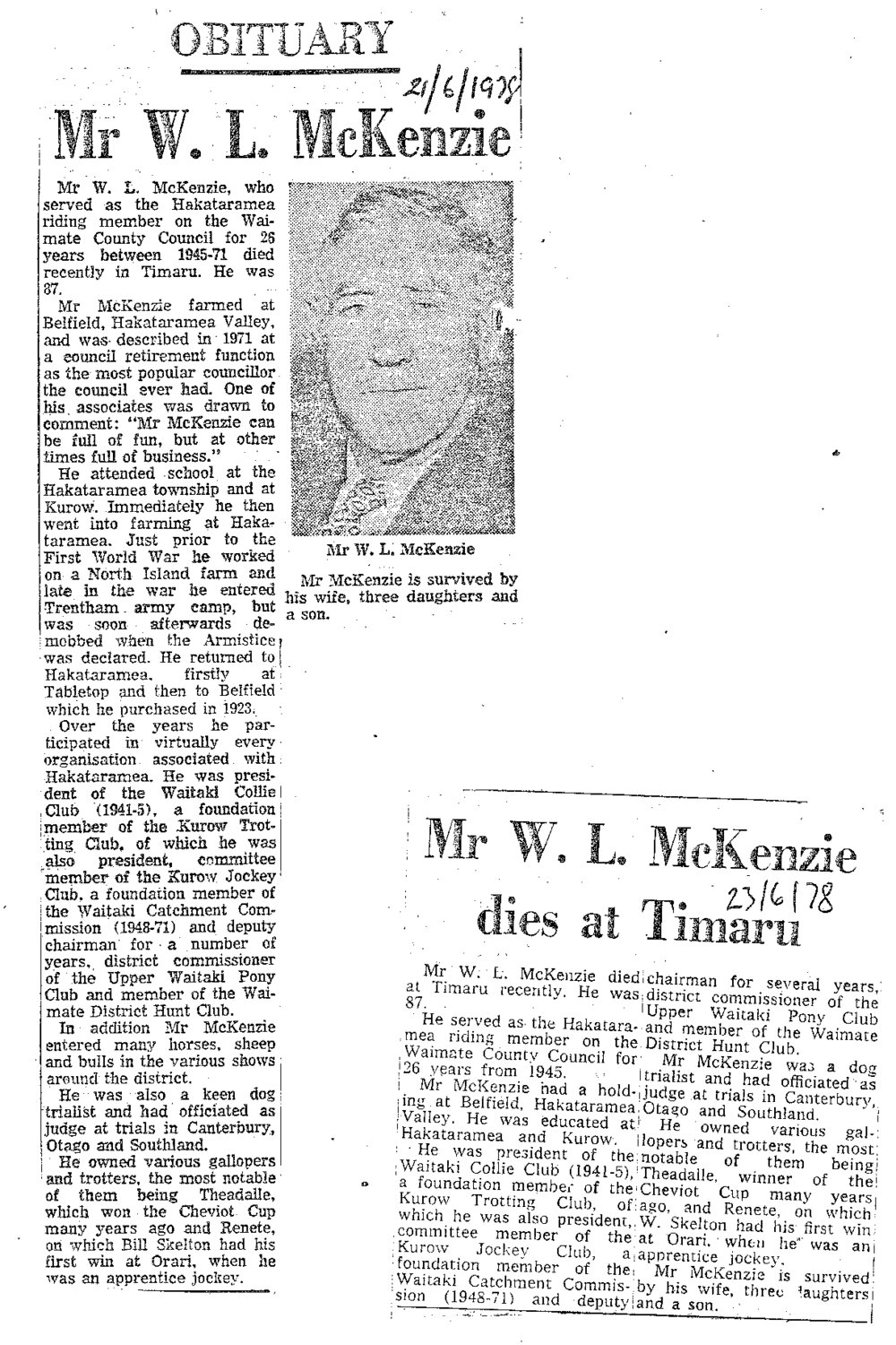 Obituary: Mr W L McKenzie dies at Timaru