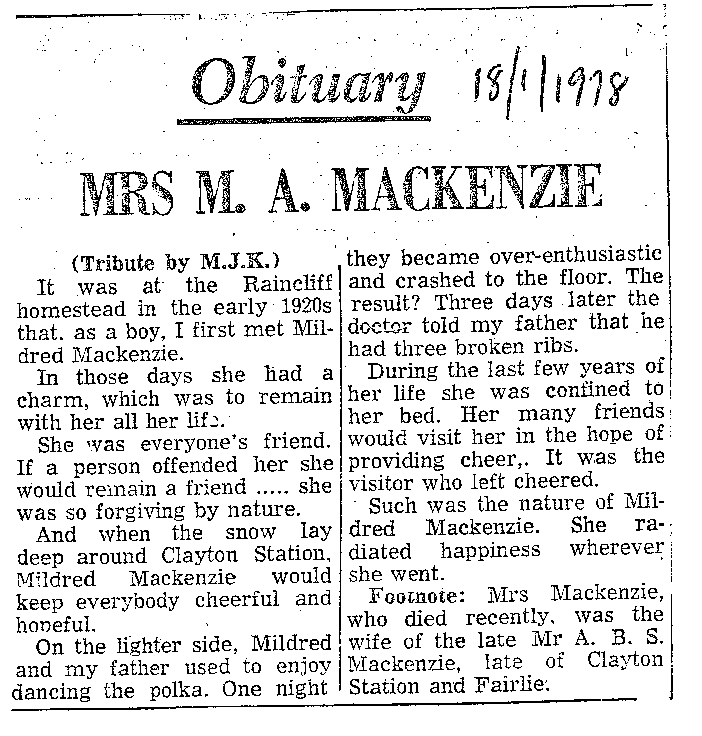 Obituary: Mrs M A Mackenzie