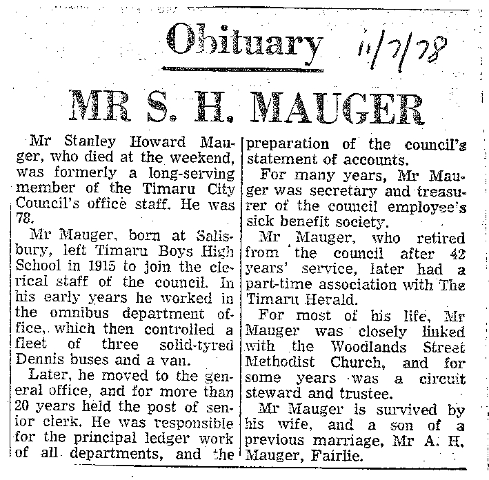 Obituary: Mrs S H Mauger