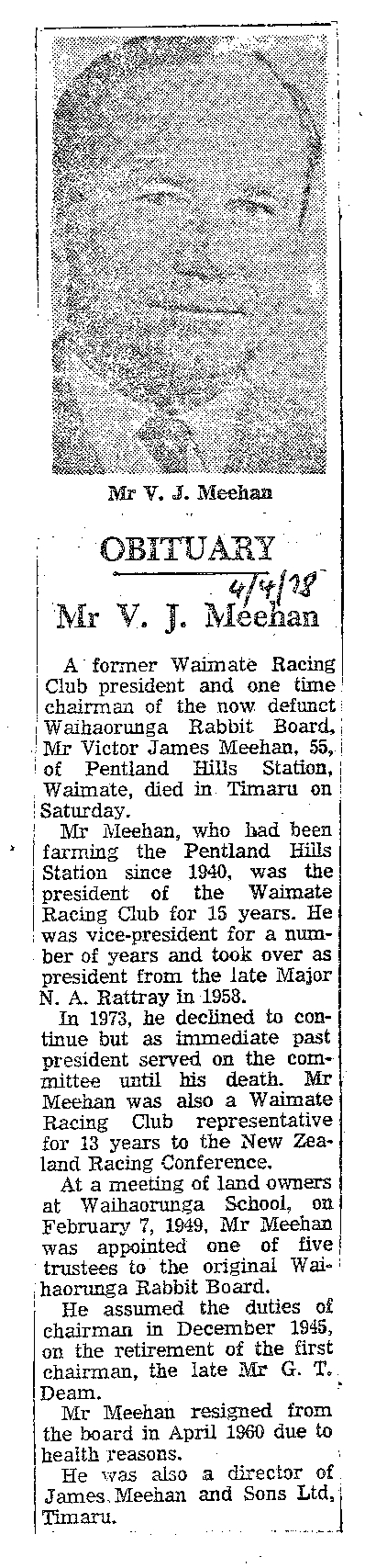 Obituary: Mr V J Meehan