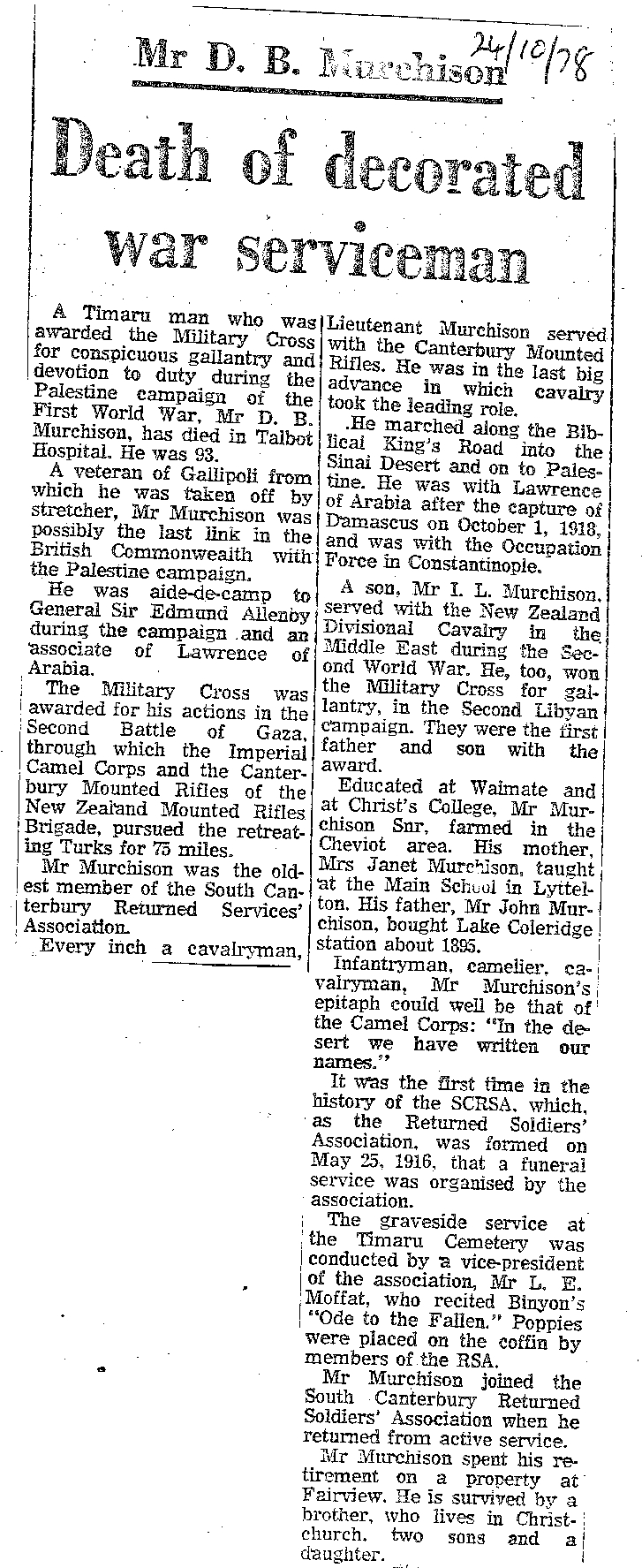 Obituary: Mr D B Murchison, Death of decorated war serviceman