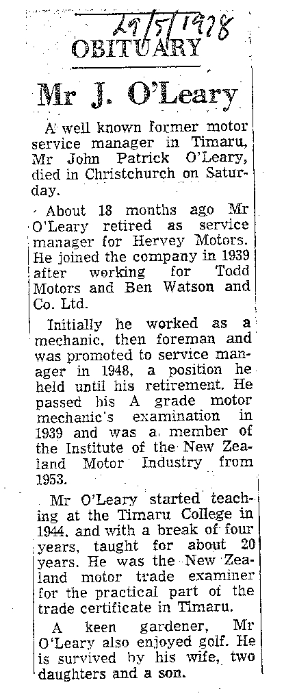 Obituary: Mr J O'Leary