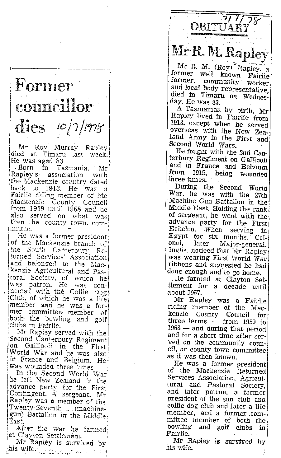 Obituary: Mr R M Rapley, Former councillor dies