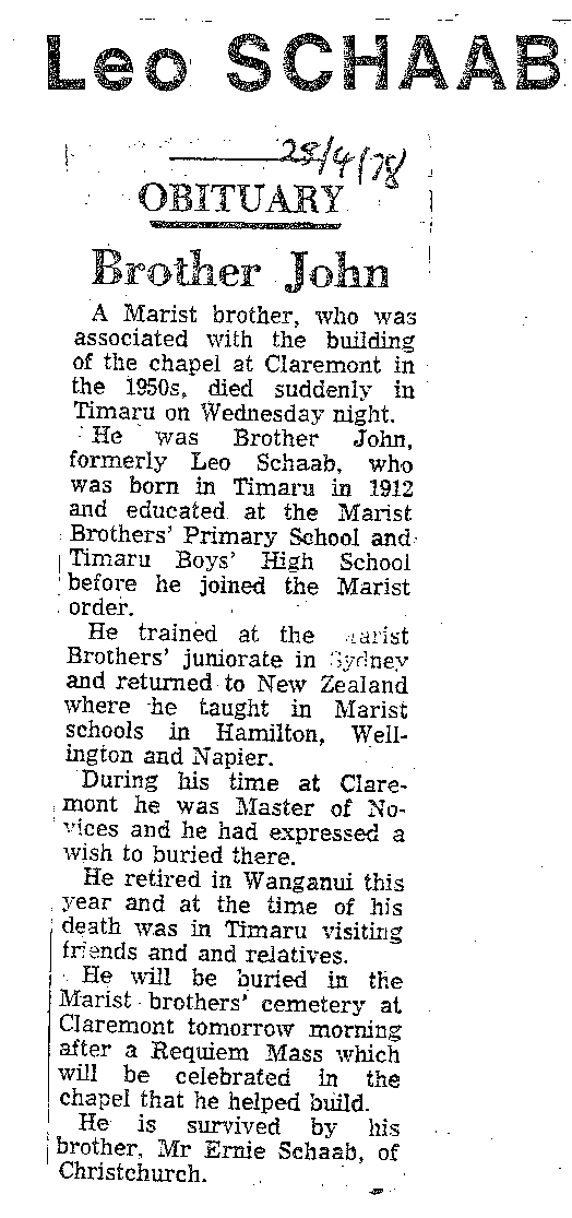 Obituary: Leo Schaab, Brother John