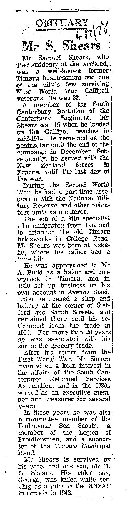 Obituary: Mr S Shears