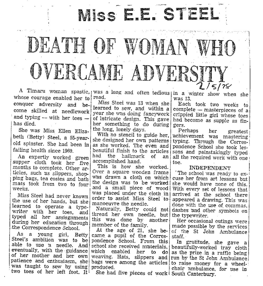 Obituary: Miss E E Steel, Death of woman who overcame adversity