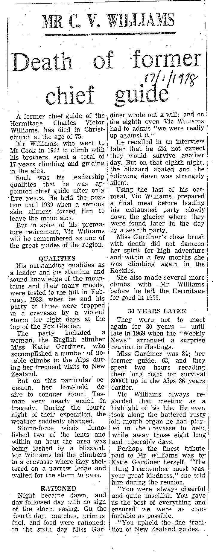 Obituary: Mr C V Williams, Death of former chief guide