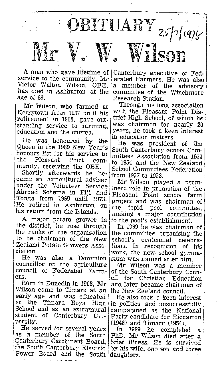 Obituary: Mr V W Wilson