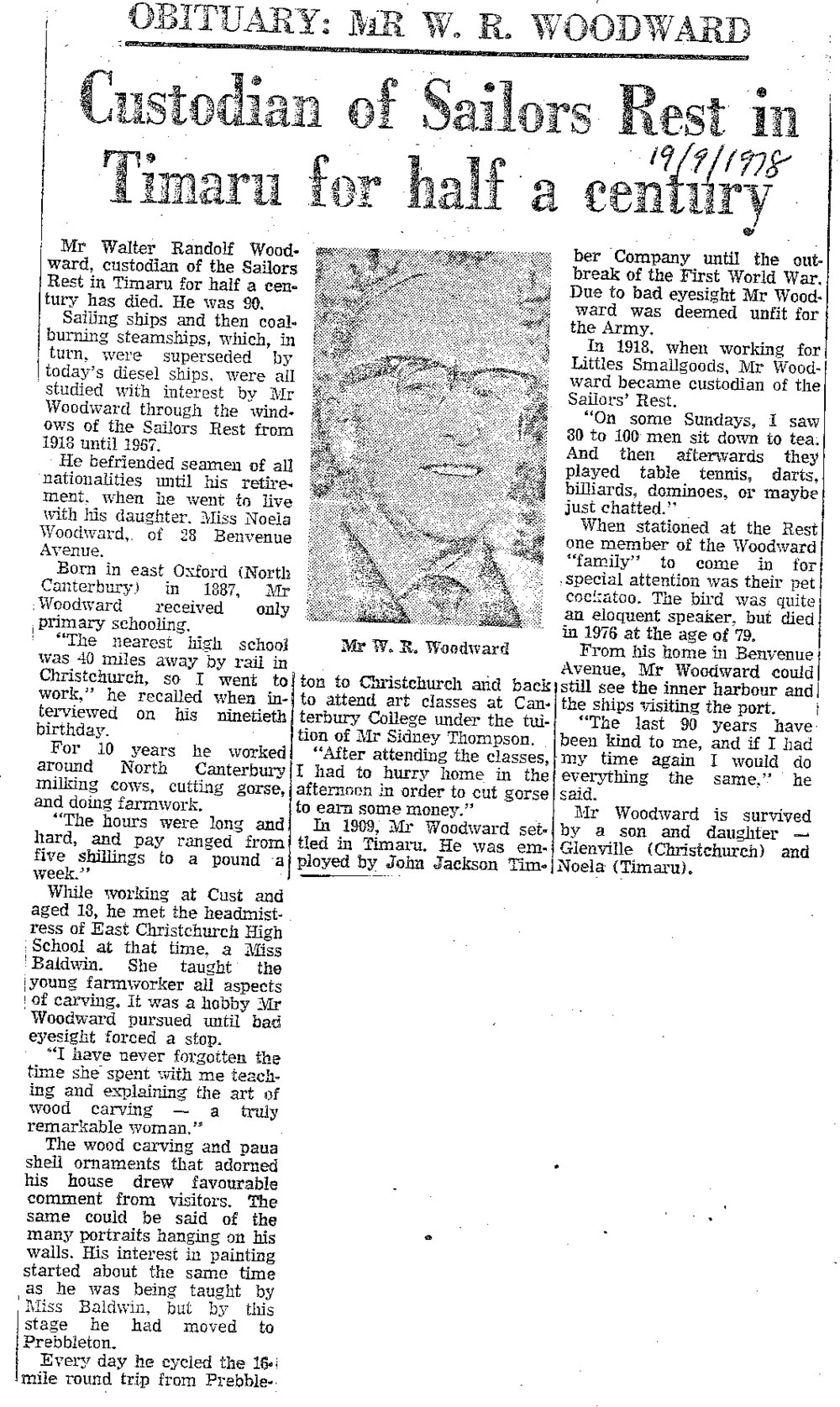 Obituary: Mr W R Woodward, Custodian of Sailors Rest in Timaru for half a century