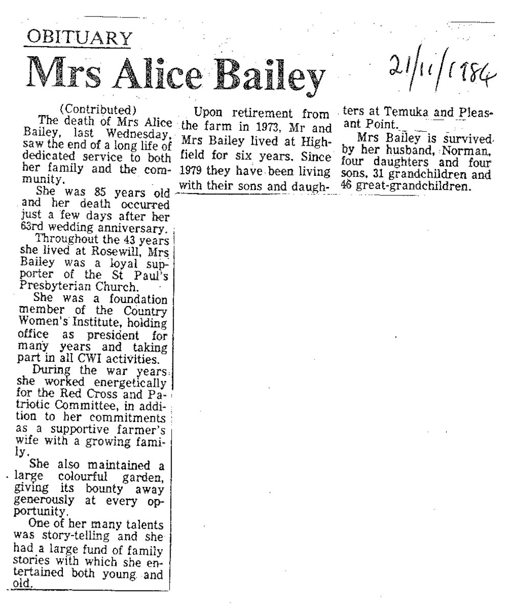 Obituary: Mrs Alice Bailey