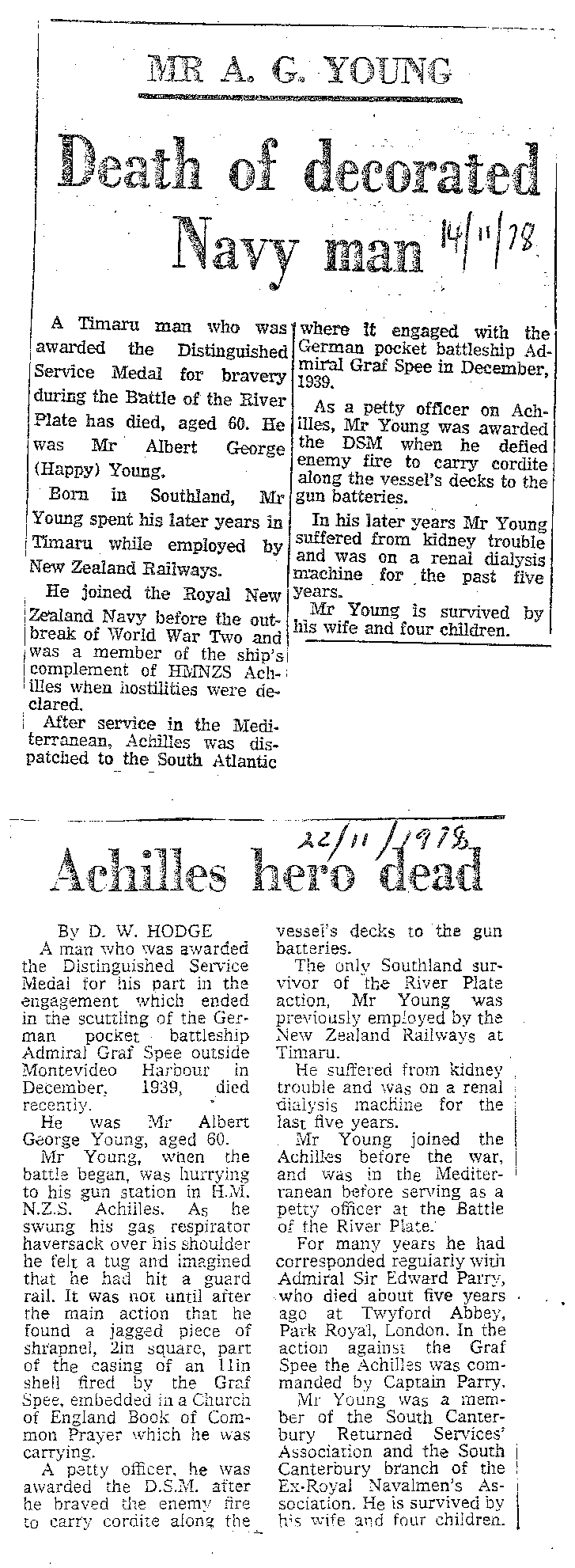 Obituary: Mr A G Young, Death of decorated Navy man, Achilles hero dead