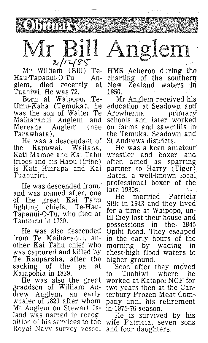 Obituary: Mr Bill Anglem