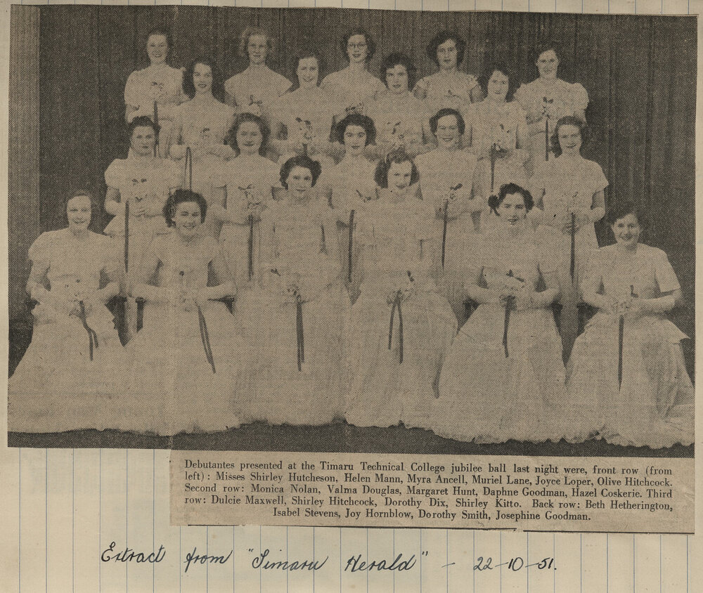 Debutantes presented at the Timaru Technical College jubilee ball