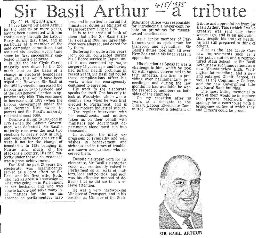 Obituary: Sir Basil Arthur, A tribute