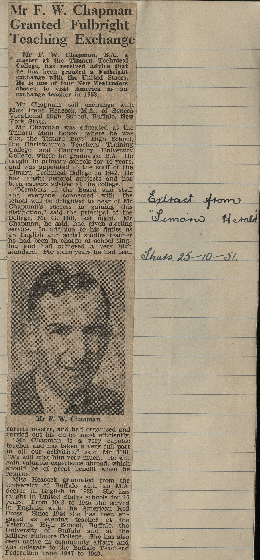 Mr F W Chapman Granted Fullbright Teaching Exchange