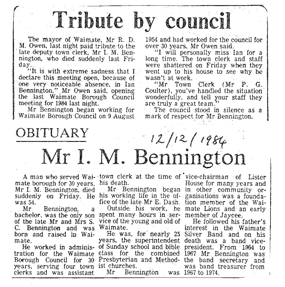 Obituary: Mr I M Bennington, Tribute by council