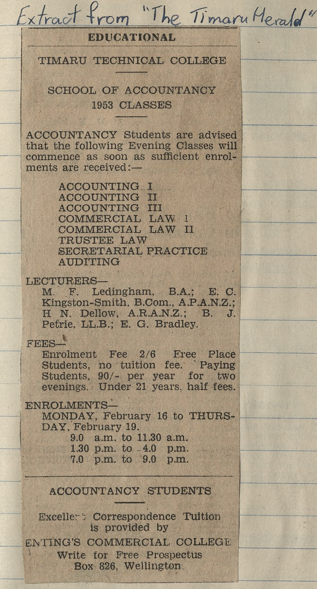 Timaru Technical College: School of Accountancy 1953 Classes