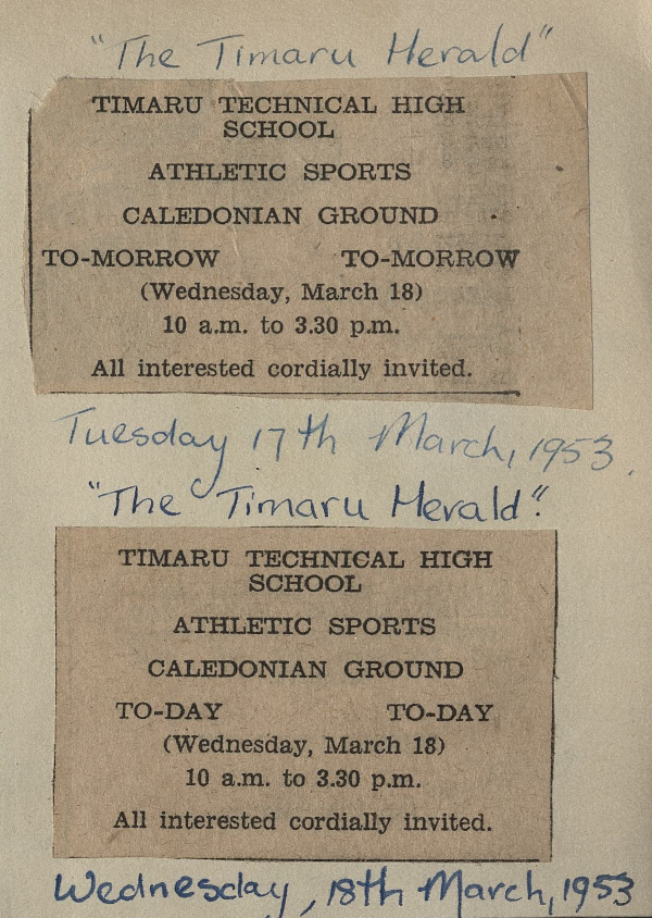 Timaru Technical High School Athletic Sports Caledonian Grounds advertisements