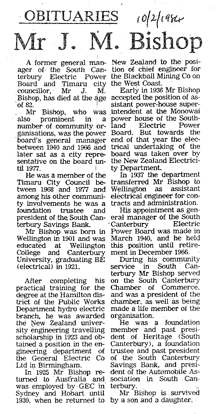 Obituary:  Mr J M Bishop