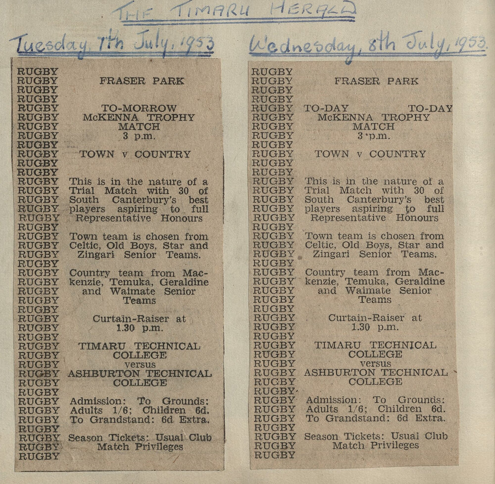 Rugby: Fraser Park McKenna Trophy Match advertisements