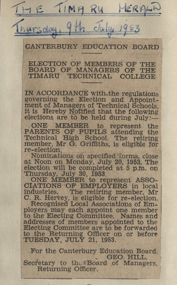 Election of Members of the Board of Managers of the Timaru Technical College
