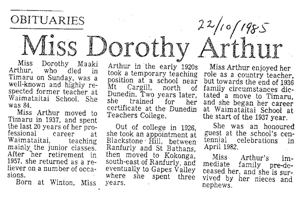 Obituary: Miss Dorothy Arthur