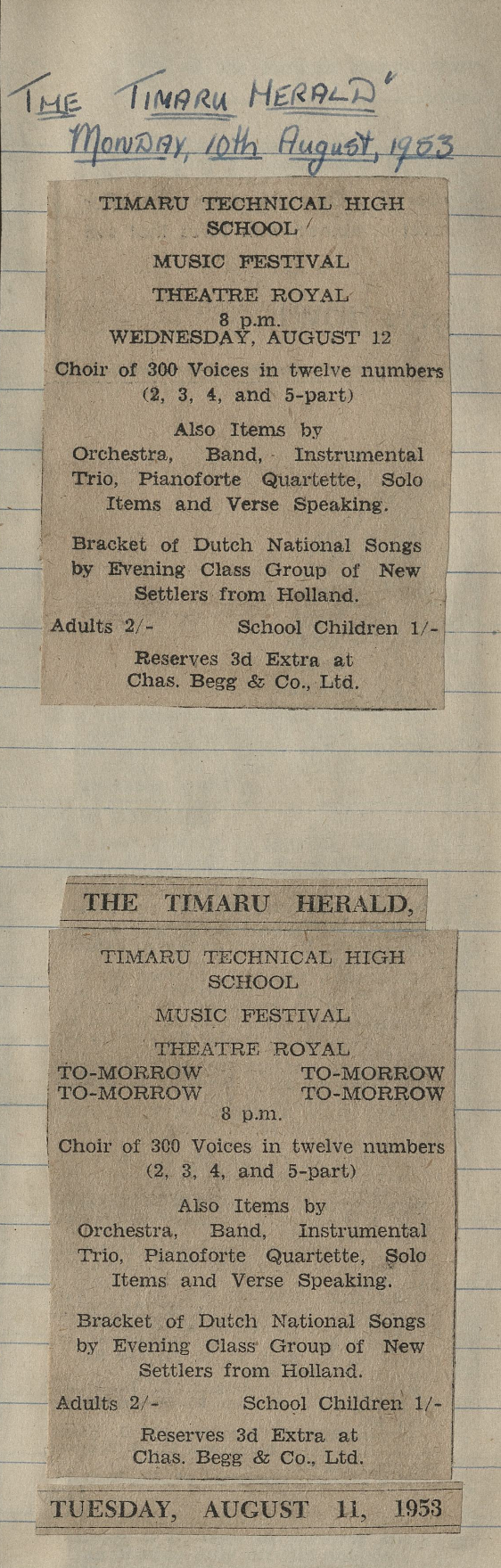 Timaru Technical High School Music Festival Theatre Royal advertisements
