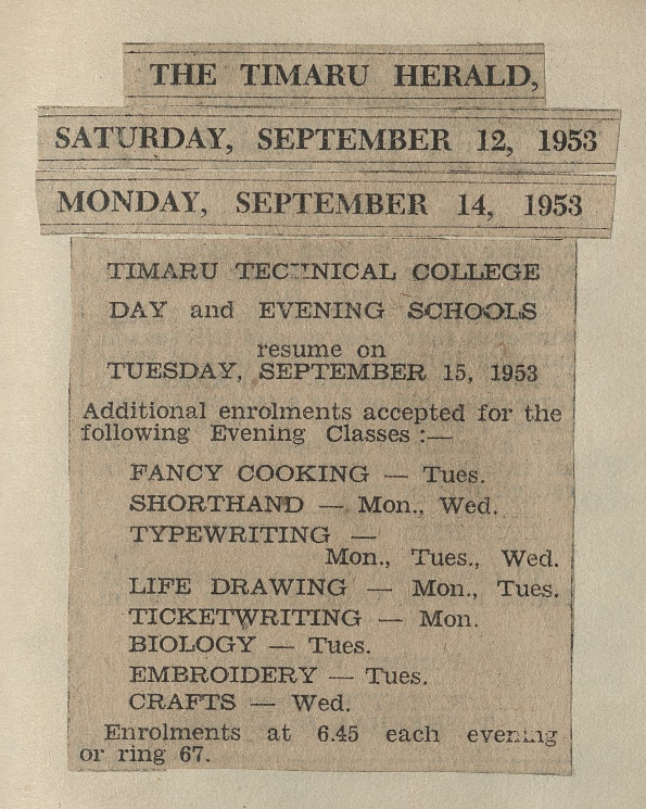 Timaru Technical College Day and Evening Schools advertisement