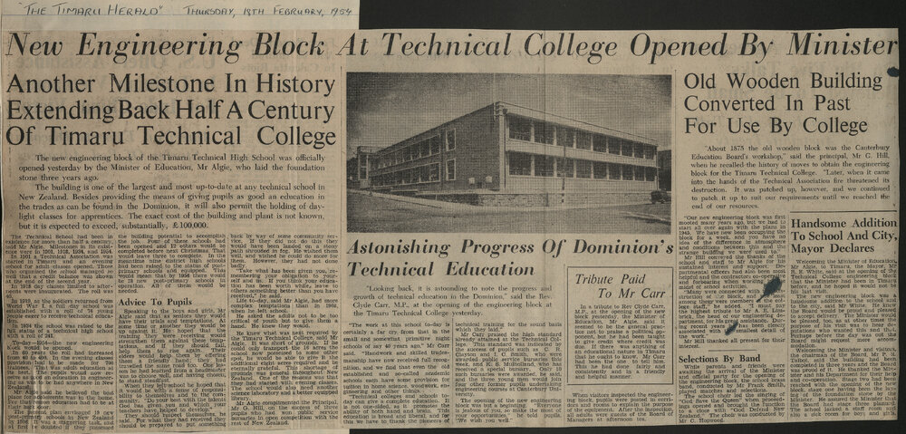 New Engineering Block At Technical College Opened By Minister: Another Milestone In History Extending Back Half A Century Of Timaru Technical College