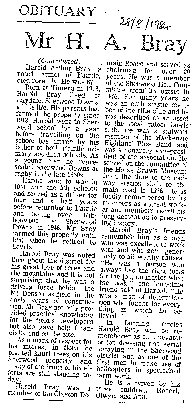 Obituary: Mr H A Bray