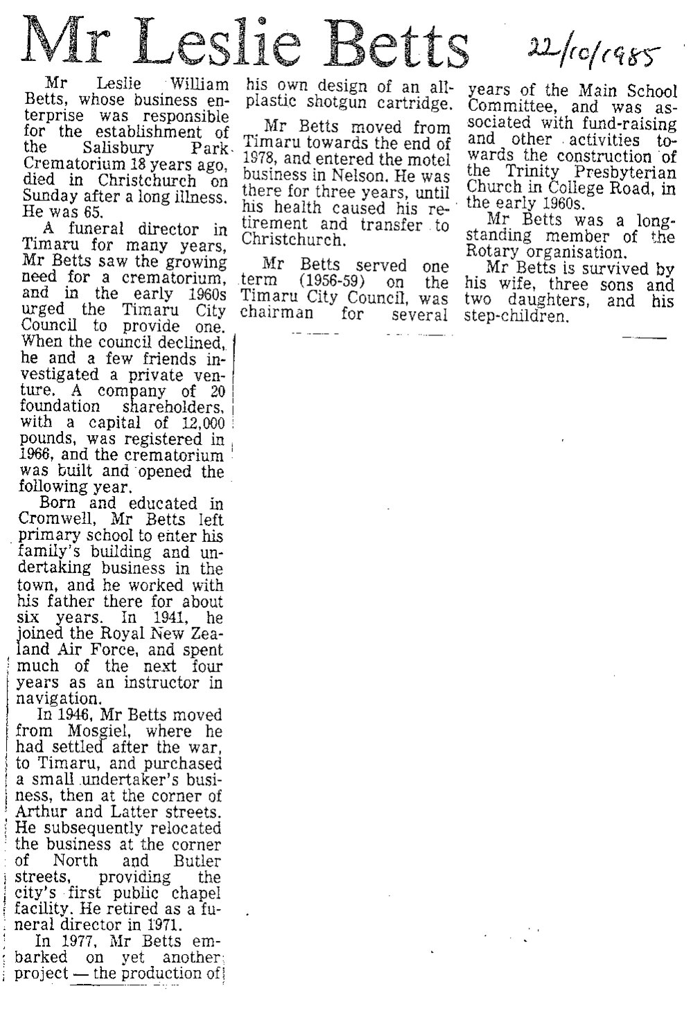 Obituary: Mr Leslie Betts