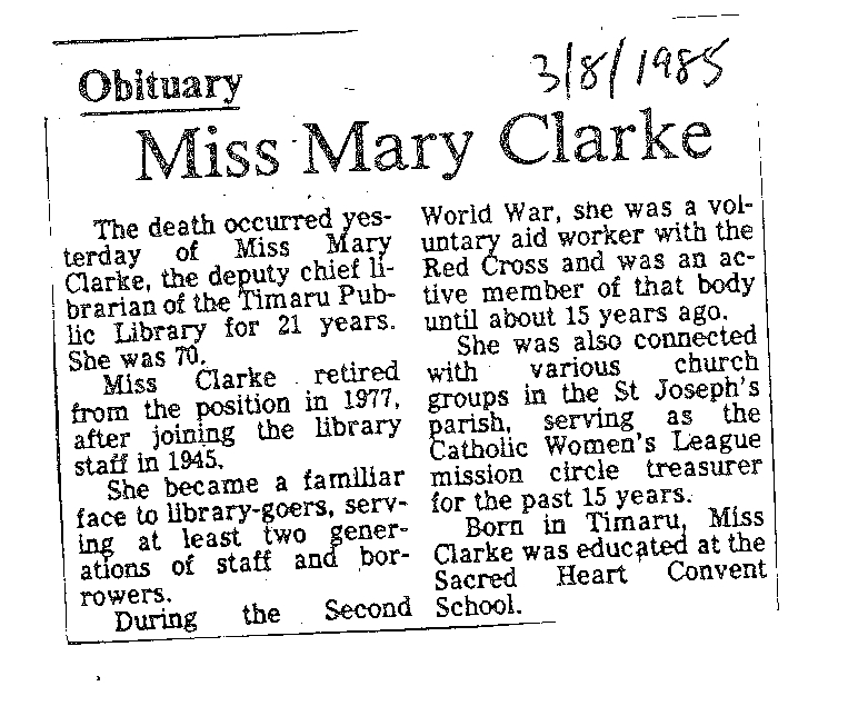 Obituary: Miss Mary Clarke