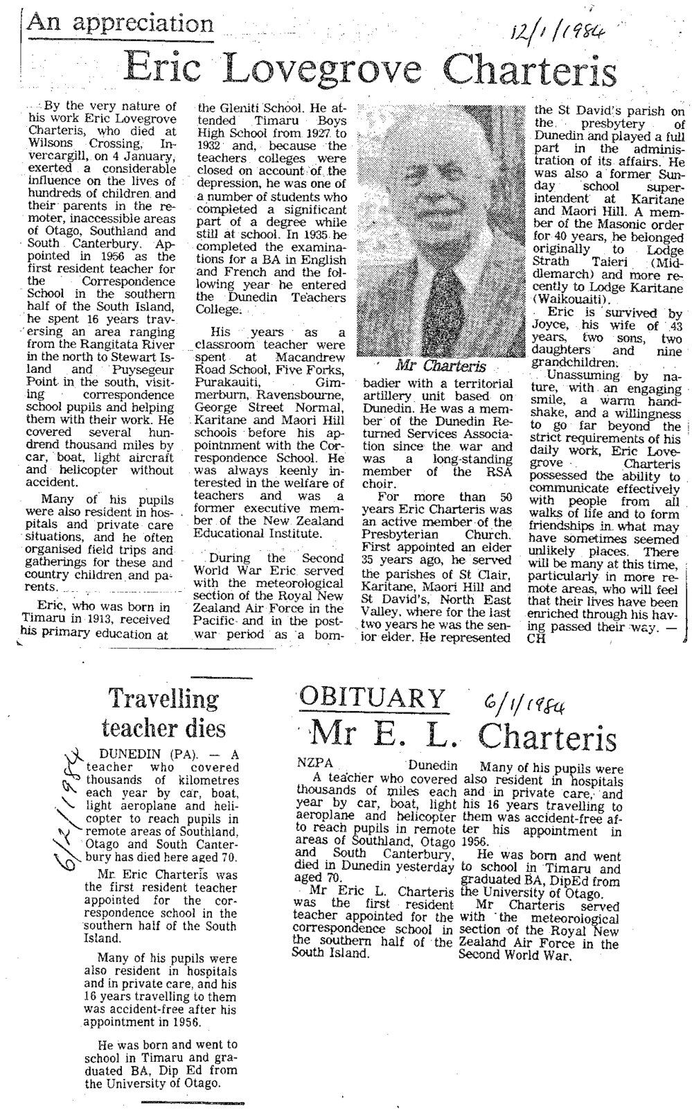 Obituary: Mr E L Charteris, Travelling teacher dies
