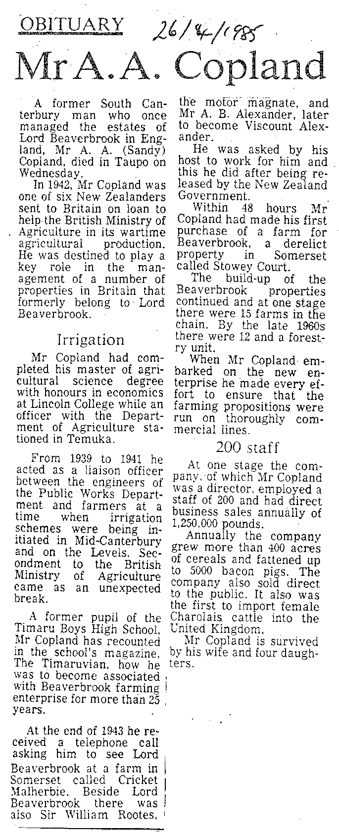 Obituary: Mr A A Copland