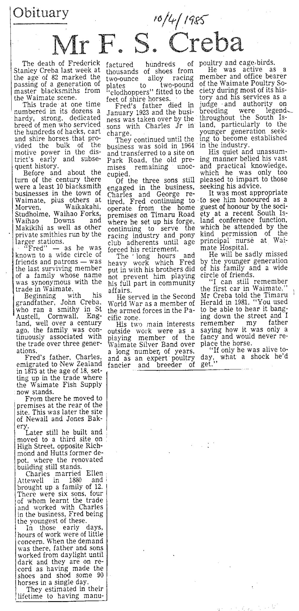 Obituary: Mr F S Creba