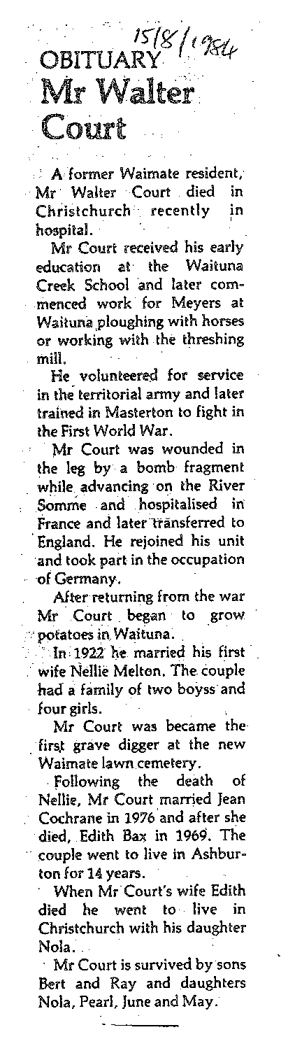 Obituary: Mr Walter Court