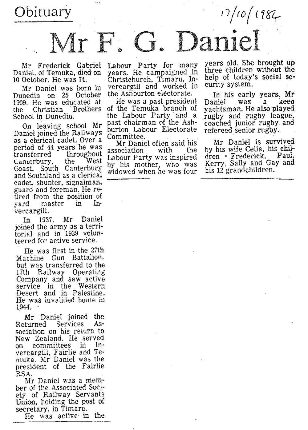 Obituary: Mr F G Daniel