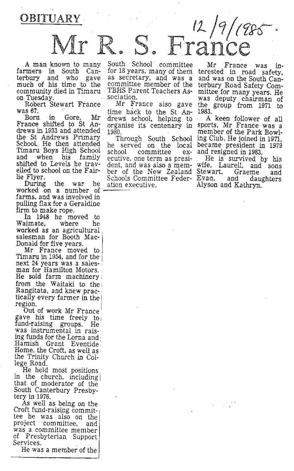 Obituary: Mr R S France