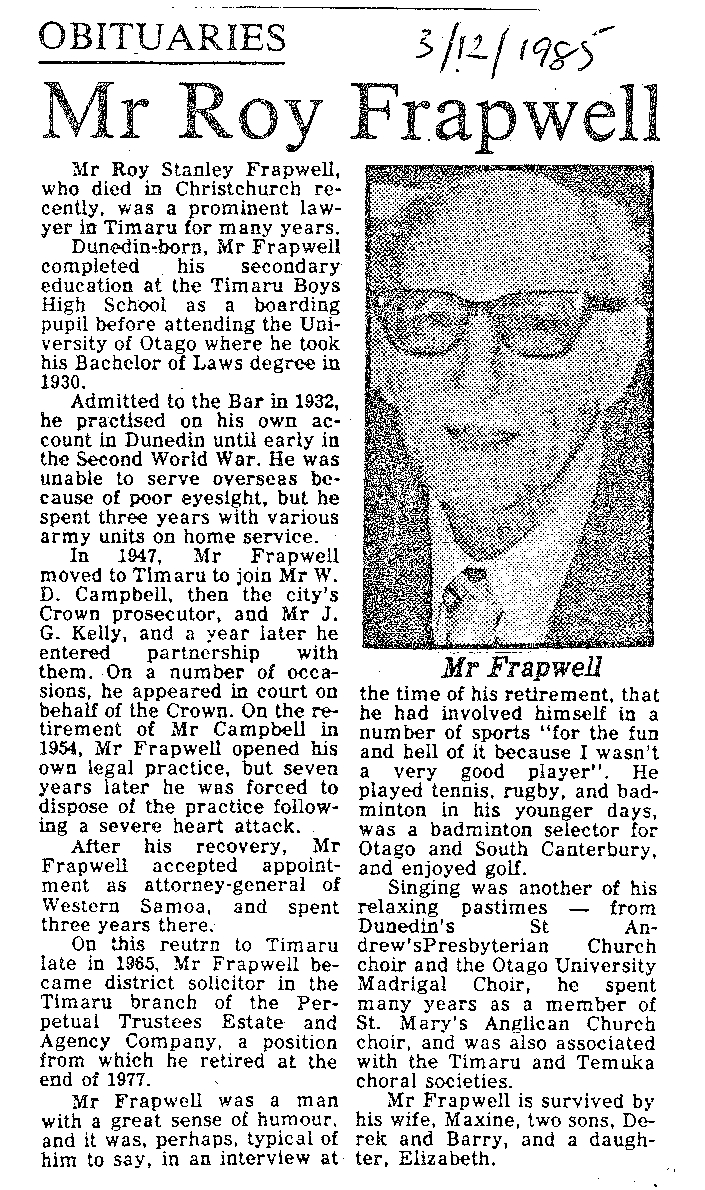 Obituary: Mr Roy Frapwell