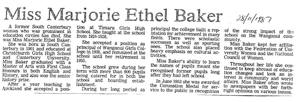 Obituary: Miss Marjorie Ethel Baker