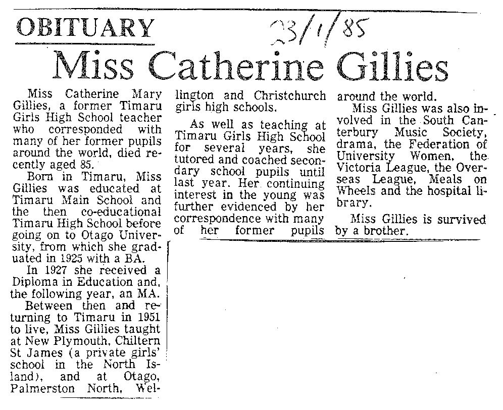 Obituary: Miss Catherine Gillies